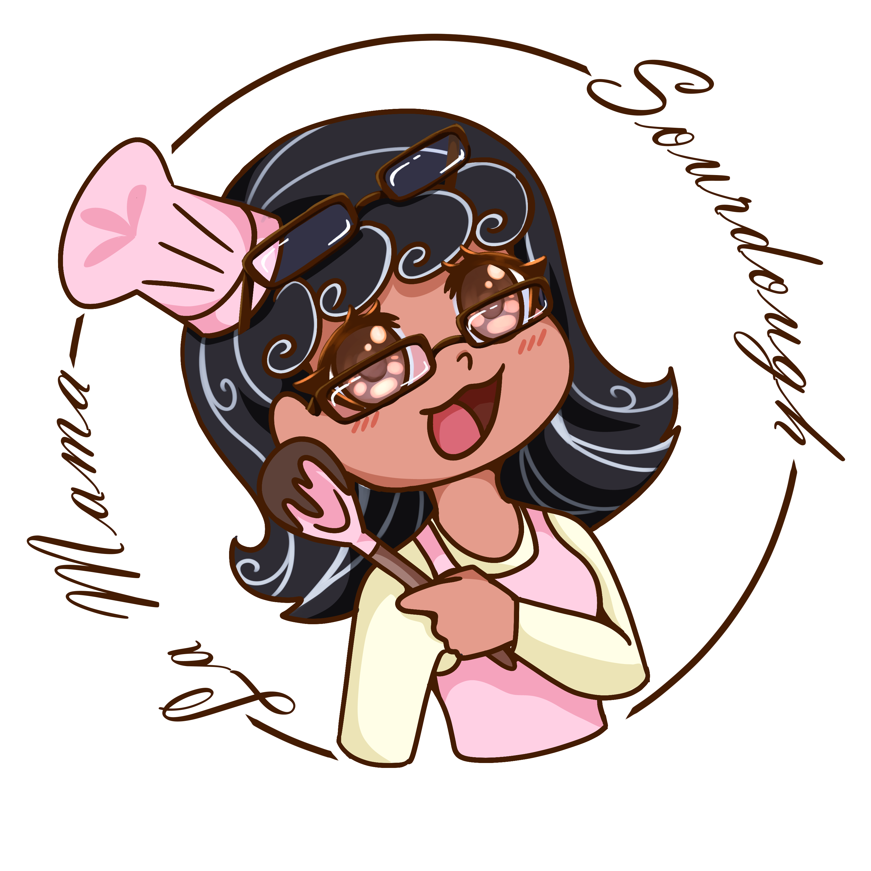 Cartoon character of a woman with glasses and a chef's hat holding a spatula, with text around her.